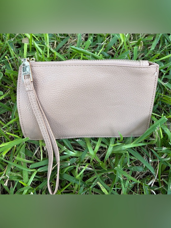 bebe Handbags - bebe Khaki Pebbled Wristlet Clutch